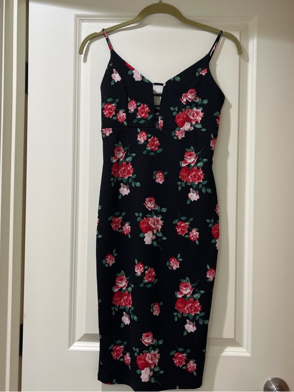 Forever 21 Black Midi Dress with Red and Pink Rose Print